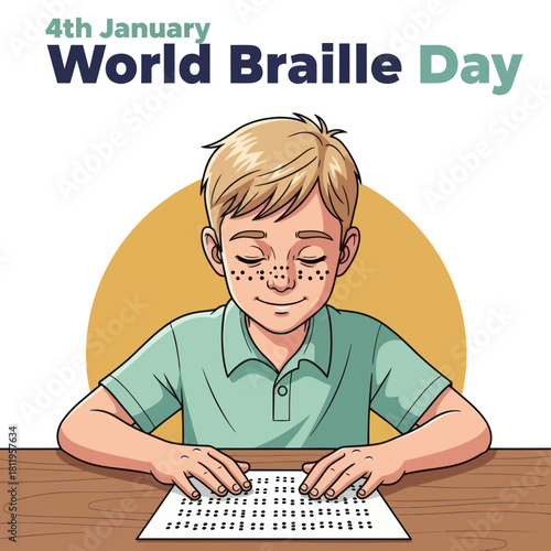Illustration of a blind boy reading Braille for World Braille Day on January 4th, promoting accessibility, education, and inclusion for visually impaired communities.