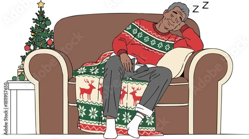 Senior man sleeping in armchair with Christmas blanket, elderly person napping in holiday sweater next to decorated miniature tree
