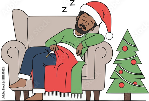 Senior man sleeping in armchair with Christmas blanket, elderly person napping in holiday sweater next to decorated miniature tree