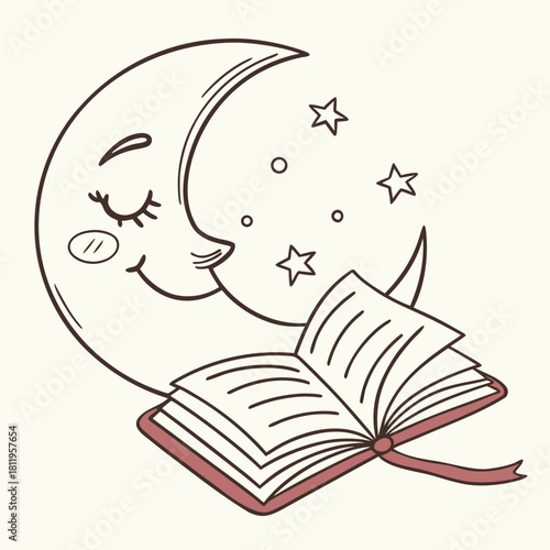 Sleeping Crescent Moon Reading a Book with Stars and Circles dreaming