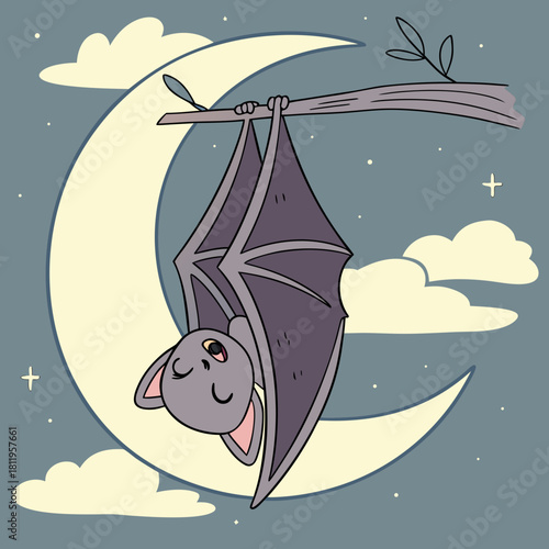 Cute bat hanging upside down from a branch against a crescent moon and starry sky