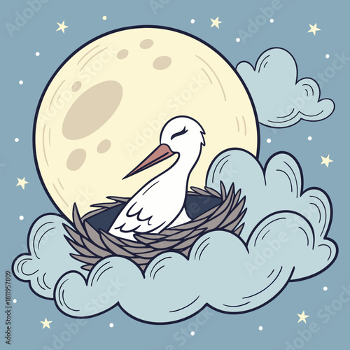 Stork in nest against large full moon and cloudy night sky bird sleeping