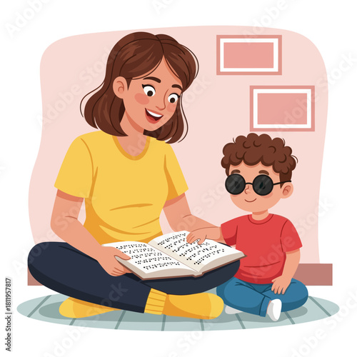 A heartwarming illustration of a mother teaching a blind child to read Braille, highlighting learning support, accessibility, and inclusive education.
