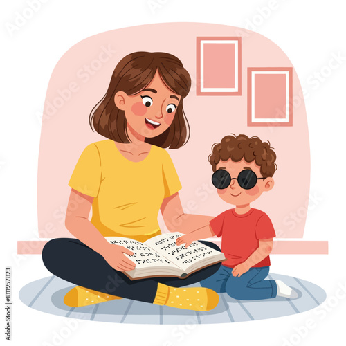 A heartwarming illustration of a mother teaching a blind child to read Braille, highlighting learning support, accessibility, and inclusive education.
