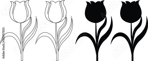  tulip floral icon set with gradient hearts and standalone flower vectors for romantic and spring designs, elegant botanical clip art with transparent background