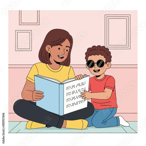 A heartwarming illustration of a mother teaching a blind child to read Braille, highlighting learning support, accessibility, and inclusive education.