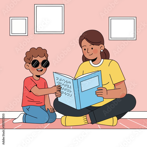 A heartwarming illustration of a mother teaching a blind child to read Braille, highlighting learning support, accessibility, and inclusive education.