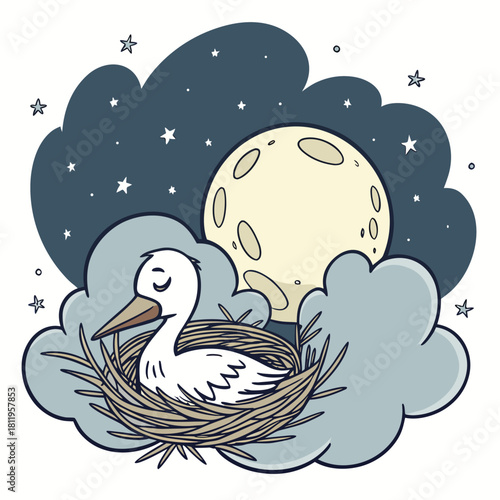 Stork sleeping in nest under full moon and starry night sky bird