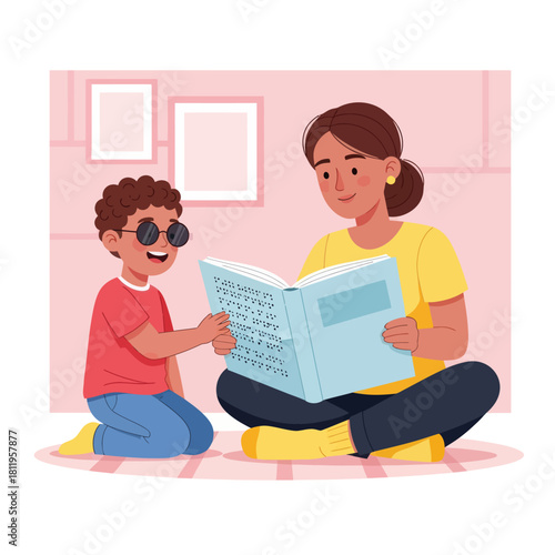 A heartwarming illustration of a mother teaching a blind child to read Braille, highlighting learning support, accessibility, and inclusive education.