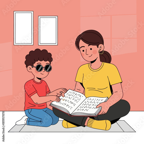 A heartwarming illustration of a mother teaching a blind child to read Braille, highlighting learning support, accessibility, and inclusive education.