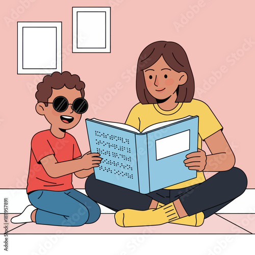 A heartwarming illustration of a mother teaching a blind child to read Braille, highlighting learning support, accessibility, and inclusive education.