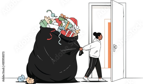Person Struggling to Carry Oversized Christmas Gift Bag, Black Woman Pulling Heavy Sack Overflowing with Presents