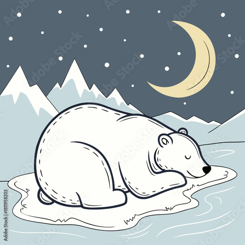Sleeping polar bear on ice floe under a crescent moon and starry sky animal wildlife