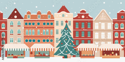 Festive christmas market in a european town with snowfall
