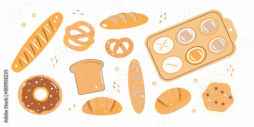 Variety of baked goods flat vector illustration on white background