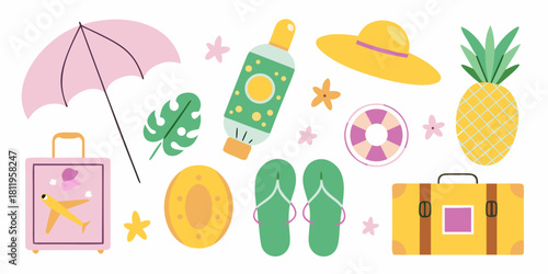 Summer vacation flat lay with travel essentials and tropical elements