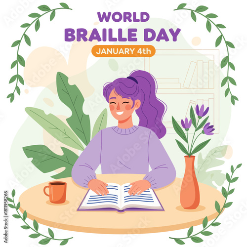 Illustration of a happy girl reading a Braille book for World Braille Day, highlighting accessibility, education, inclusion, and support for visually impaired communities.