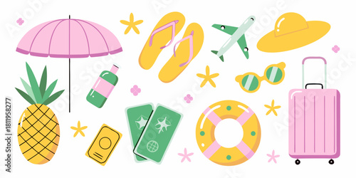 Summer vacation items illustration with pineapple suitcase and beach accessories