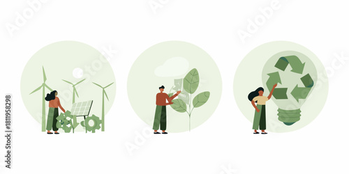 Sustainability and green energy concepts with wind turbines plants and recycling