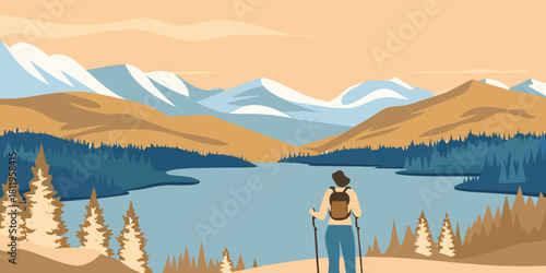 Hiker enjoying the view of a mountain lake landscape illustration