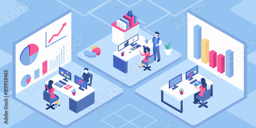 Isometric office space with data visualization and collaborative teamwork