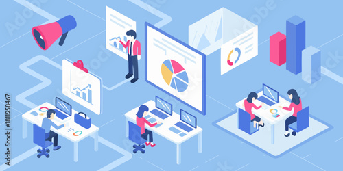 Isometric business team analyzing data and charts in a modern office