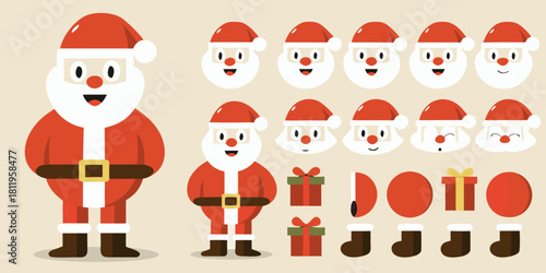 Cartoon santa claus character and facial expressions with christmas gifts