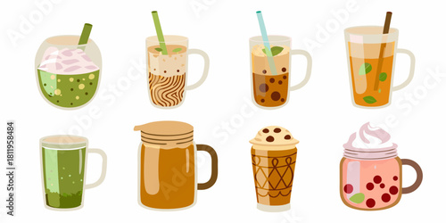 Collection of various boba teas and flavored drinks in cute mugs