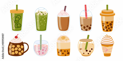 Variety of boba tea drinks in cups mugs and glasses illustration