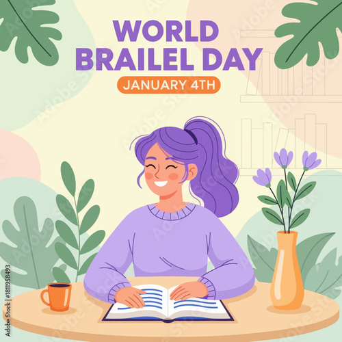 Illustration of a happy girl reading a Braille book for World Braille Day, highlighting accessibility, education, inclusion, and support for visually impaired communities.