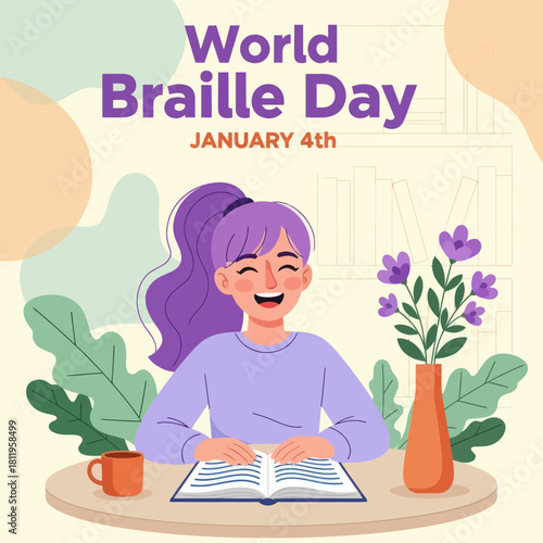 Illustration of a happy girl reading a Braille book for World Braille Day, highlighting accessibility, education, inclusion, and support for visually impaired communities.