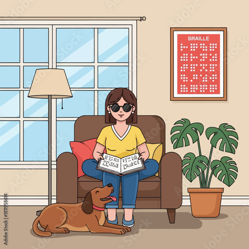Illustration of a blind woman reading a book at home with her guide dog nearby, creating a warm and inclusive scene that highlights accessibility, independence, and peaceful daily life.