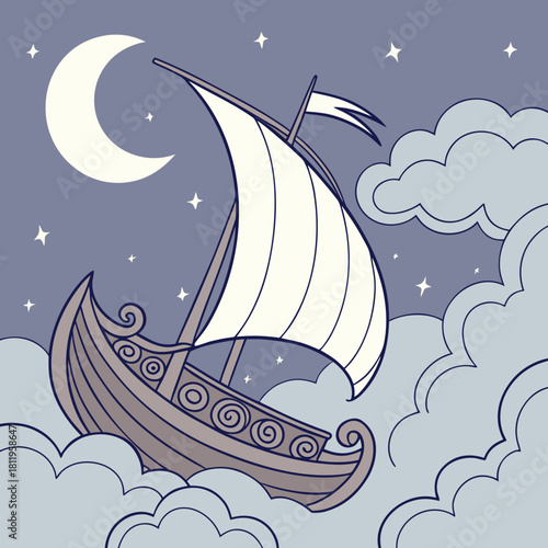 Viking Ship Sailing Through Clouds Under a Crescent Moon and Stars longship boat
