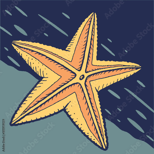 Yellow Starfish with Orange Outline on Blue Background sea star marine