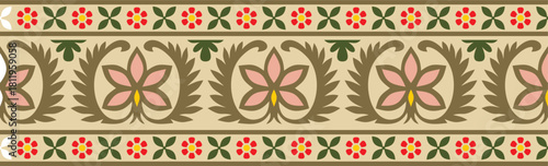 Vector seamless colorful Indian national ornament. Ethnic endless plant border. Flowers frame. Poppies and leaves.