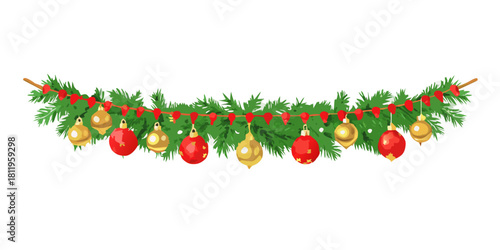 Fir tree garland, divider. Gold and red glitter ornaments. 3d cartoon style illustration. vector icon
