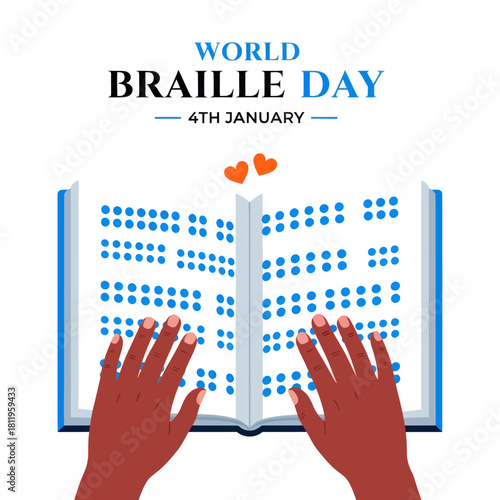 Illustration of World Braille Day showing hands reading a Braille book, symbolizing accessibility, literacy, and support for the visually impaired community