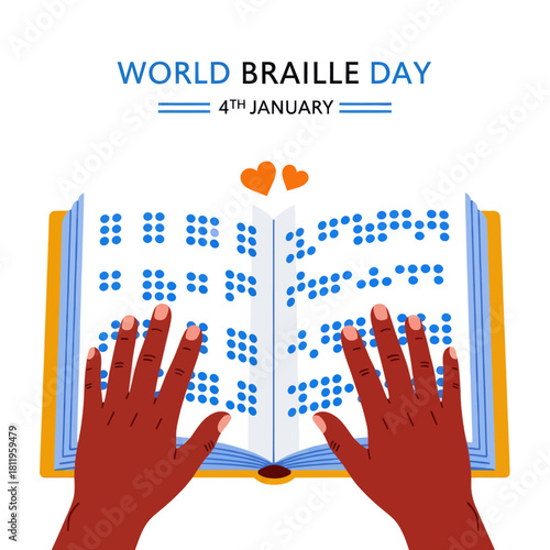 Illustration of World Braille Day showing hands reading a Braille book, symbolizing accessibility, literacy, and support for the visually impaired community