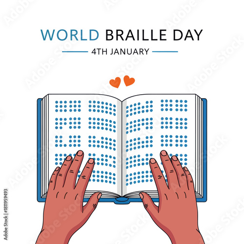Illustration of World Braille Day showing hands reading a Braille book, symbolizing accessibility, literacy, and support for the visually impaired community