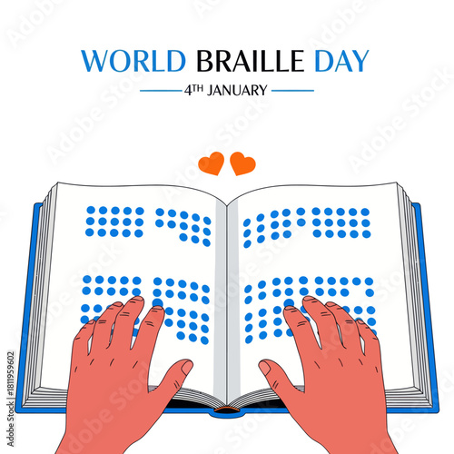 Illustration of World Braille Day showing hands reading a Braille book, symbolizing accessibility, literacy, and support for the visually impaired community