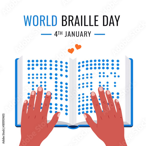 Illustration of World Braille Day showing hands reading a Braille book, symbolizing accessibility, literacy, and support for the visually impaired community