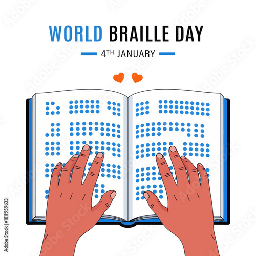 Illustration of World Braille Day showing hands reading a Braille book, symbolizing accessibility, literacy, and support for the visually impaired community