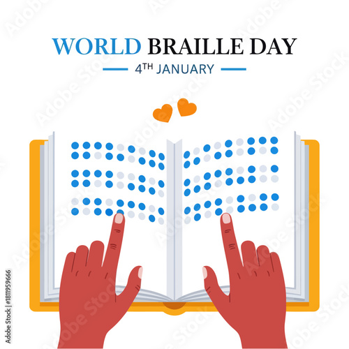 Illustration of World Braille Day showing hands reading a Braille book, symbolizing accessibility, literacy, and support for the visually impaired community