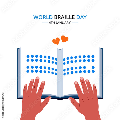 Illustration of World Braille Day showing hands reading a Braille book, symbolizing accessibility, literacy, and support for the visually impaired community