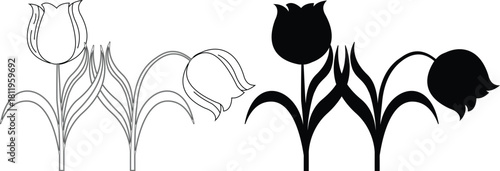  tulip floral icon set with gradient hearts and standalone flower vectors for romantic and spring designs, elegant botanical clip art with transparent background