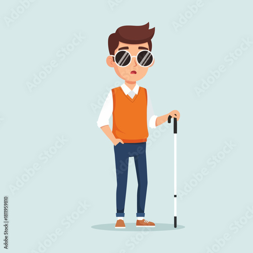 A blind man with sunglasses holding a white cane, illustrated in a flat modern style. Perfect for disability awareness, accessibility concepts, and inclusive design themes.