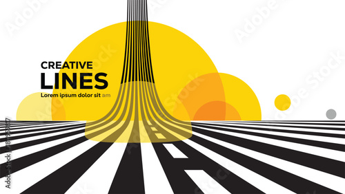 Abstract design featuring converging lines yellow circles and bold text