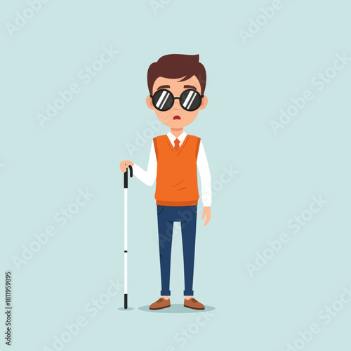 A blind man with sunglasses holding a white cane, illustrated in a flat modern style. Perfect for disability awareness, accessibility concepts, and inclusive design themes.