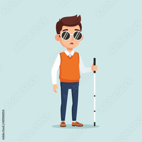 A blind man with sunglasses holding a white cane, illustrated in a flat modern style. Perfect for disability awareness, accessibility concepts, and inclusive design themes.