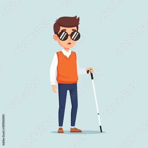 A blind man with sunglasses holding a white cane, illustrated in a flat modern style. Perfect for disability awareness, accessibility concepts, and inclusive design themes.